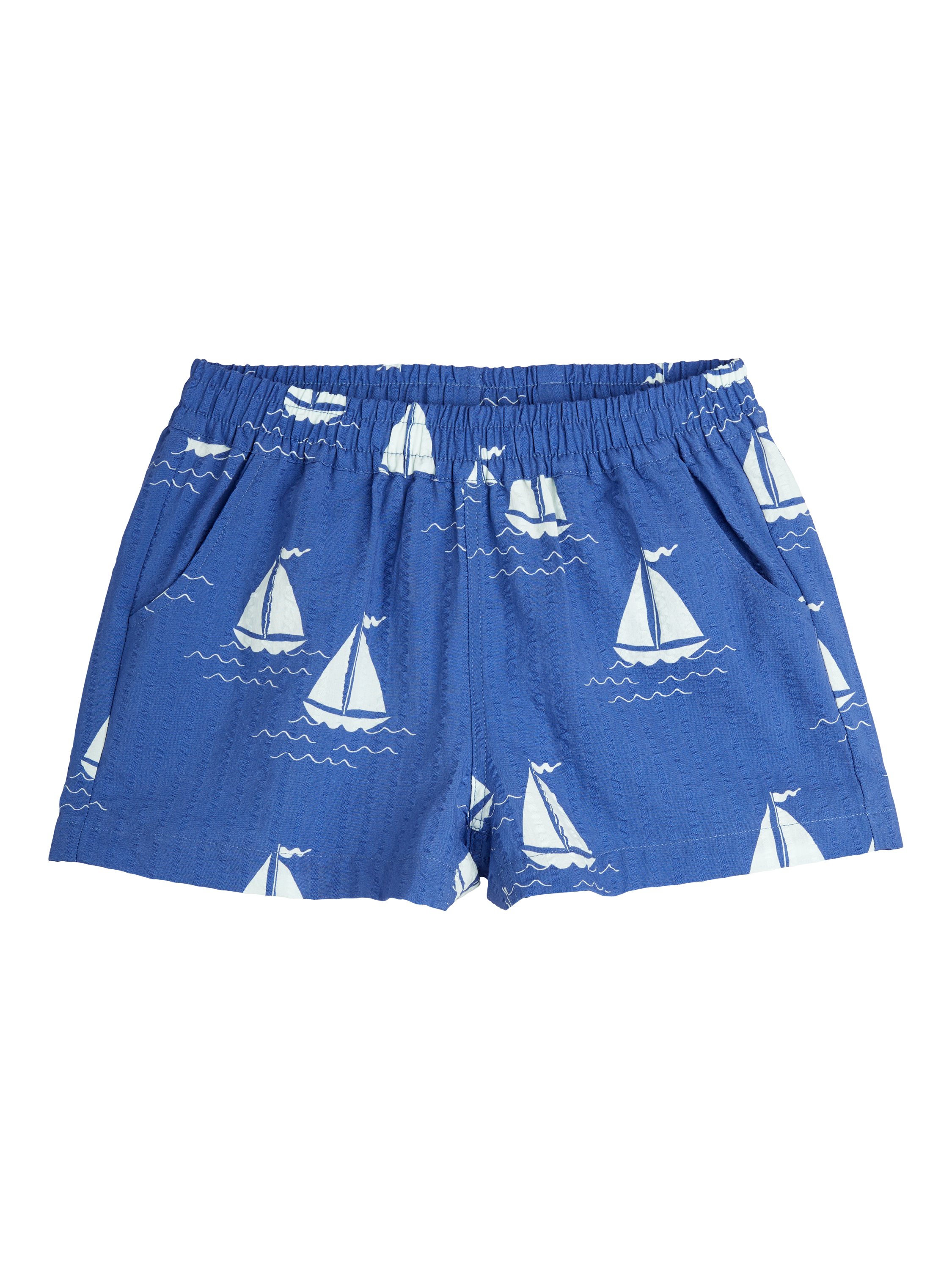 Product image 1 of 3, which shows Mini Rodini Kids' Organic Cotton Shorts, Sailing Boats Blue, 18-36 months
