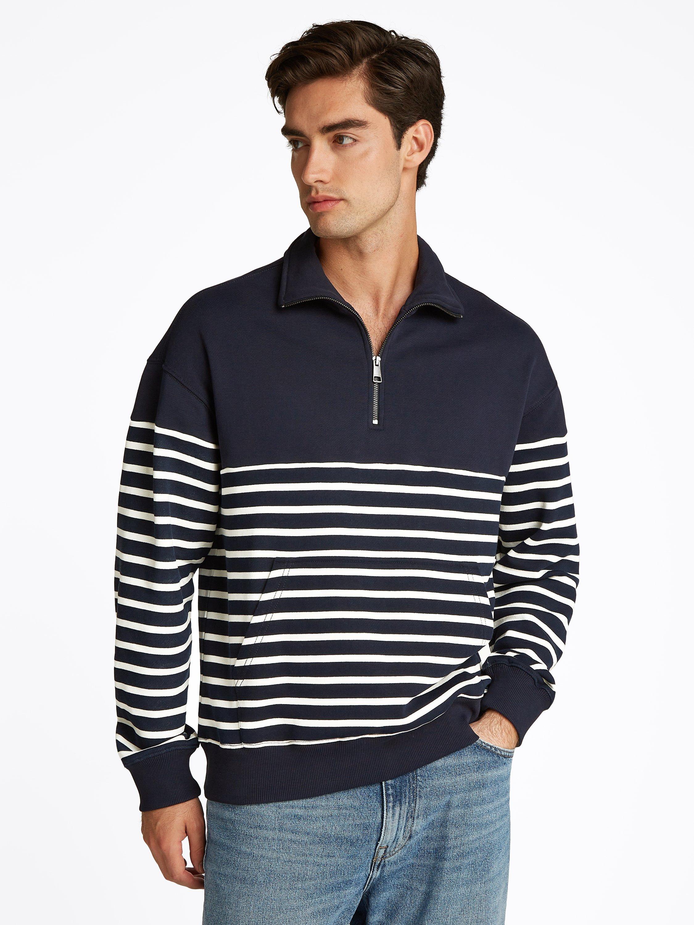 Product image 1 of 9, which shows Tommy Hilfiger Quarter-Zip Striped Jumper, Desert Sky/Ivory Petal, M