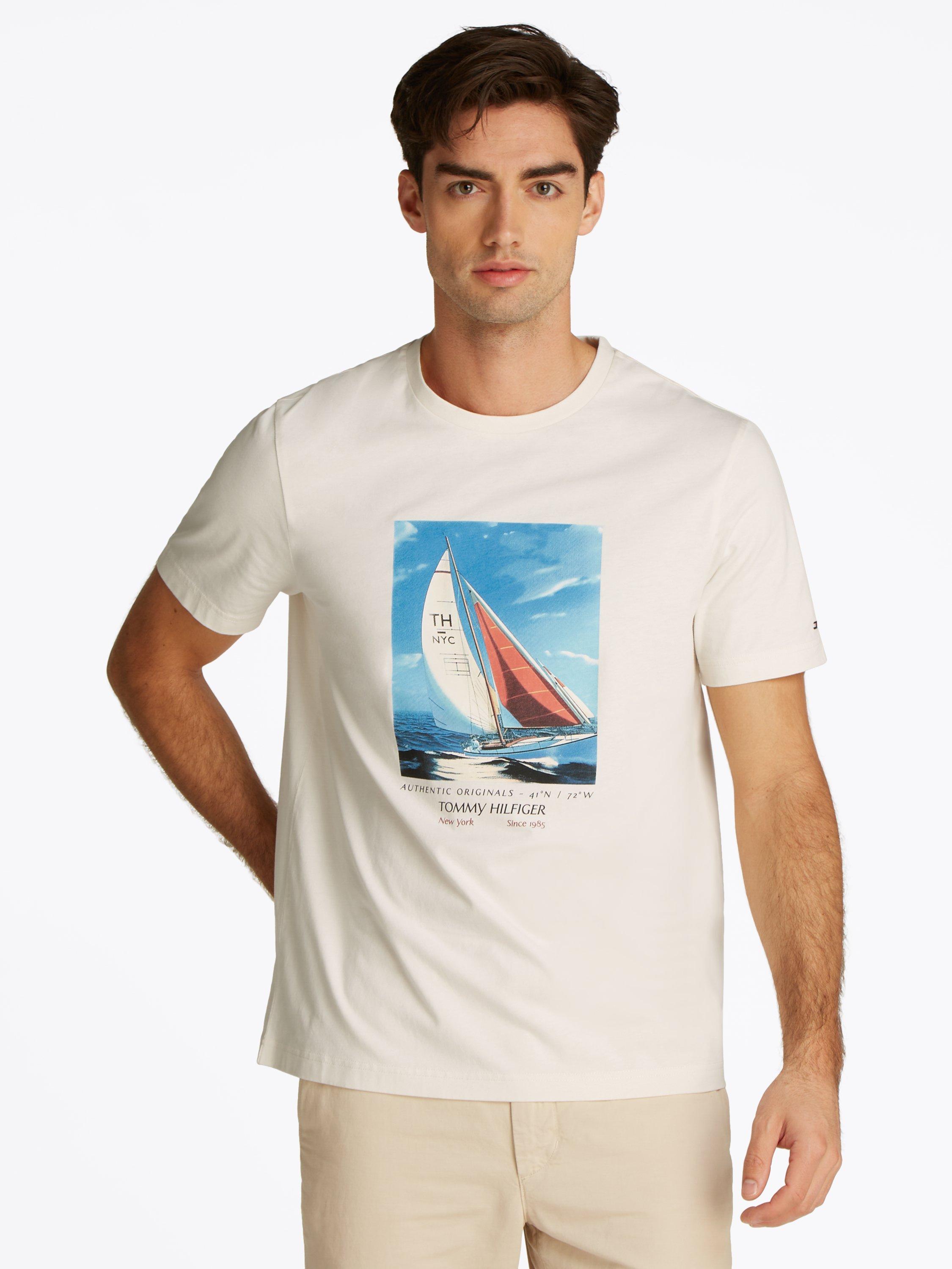 Product image 1 of 6, which shows Tommy Hilfiger Cotton Regular Fit Short Sleeve Graphic T-Shirt, Ivory Petal, S
