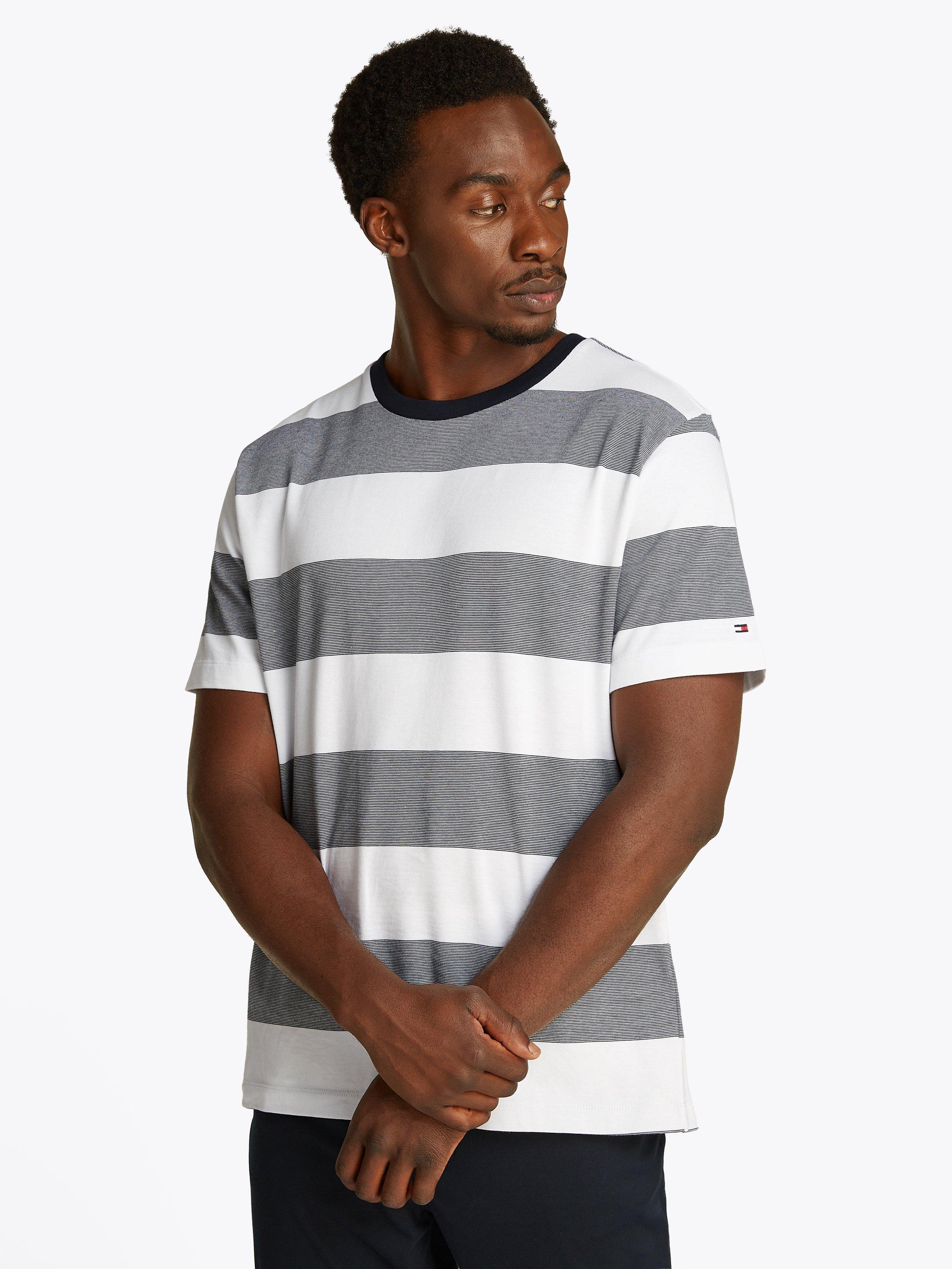 Product image 1 of 6, which shows Tommy Hilfiger Cotton Regular Fit Short Sleeve Stripe T-Shirt, White/Desert Sky, M