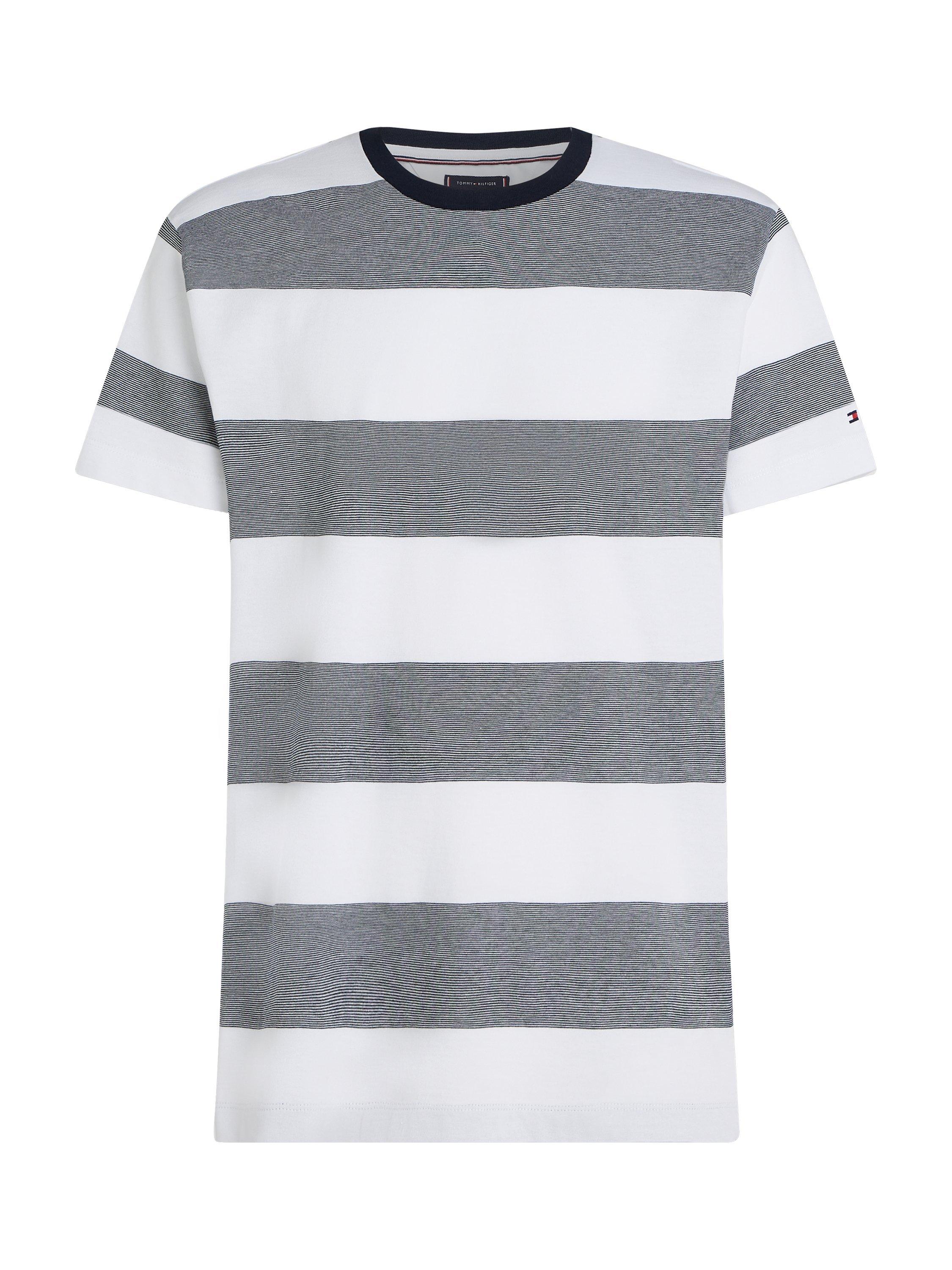Product image 5 of 6, which shows Tommy Hilfiger Cotton Regular Fit Short Sleeve Stripe T-Shirt, White/Desert Sky, M