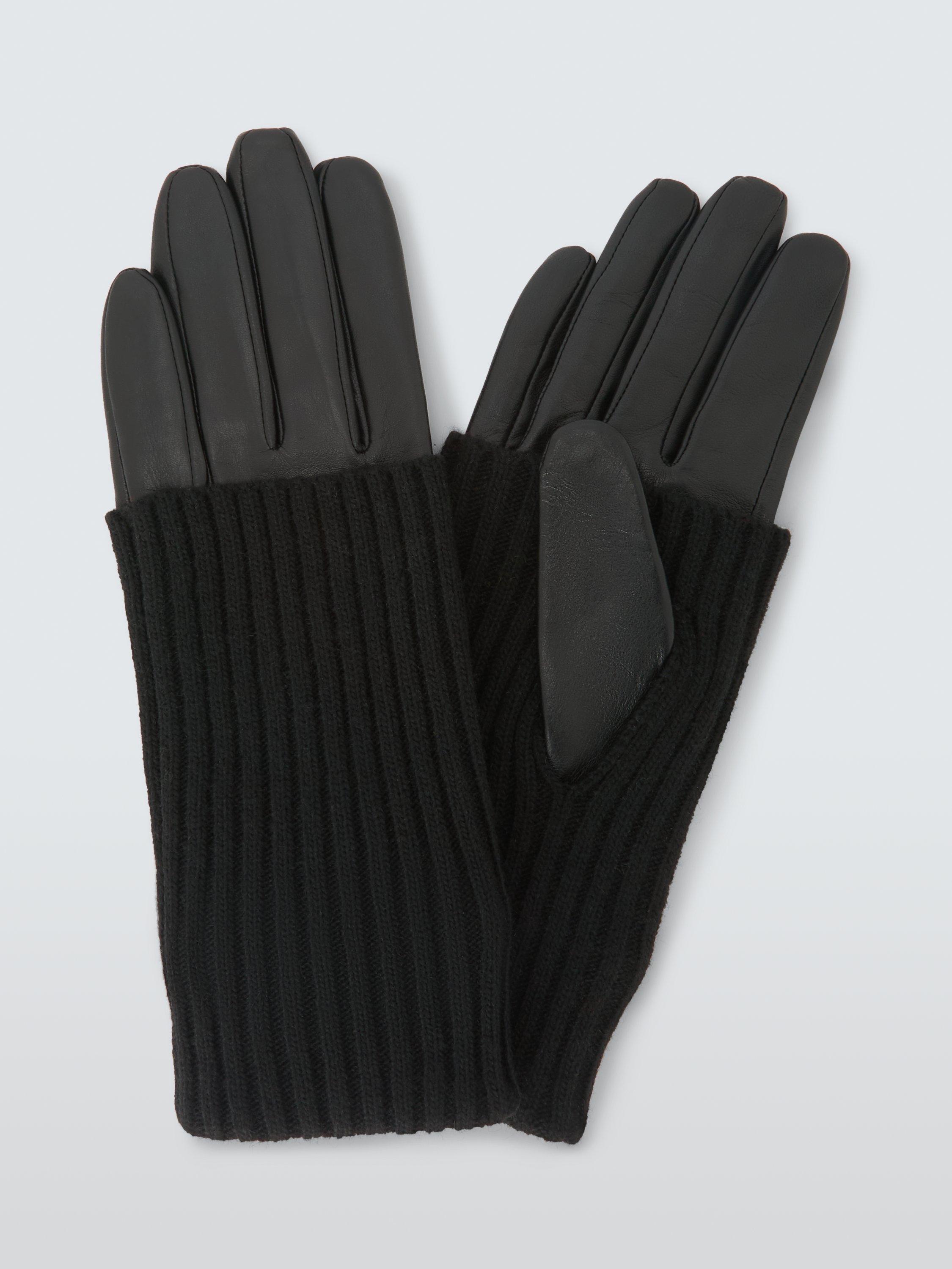 Product image 1 of 2, which shows John Lewis Knitted Cuff Leather Gloves, Black, S