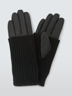 John Lewis Knitted Cuff Leather Gloves, Black, Black
