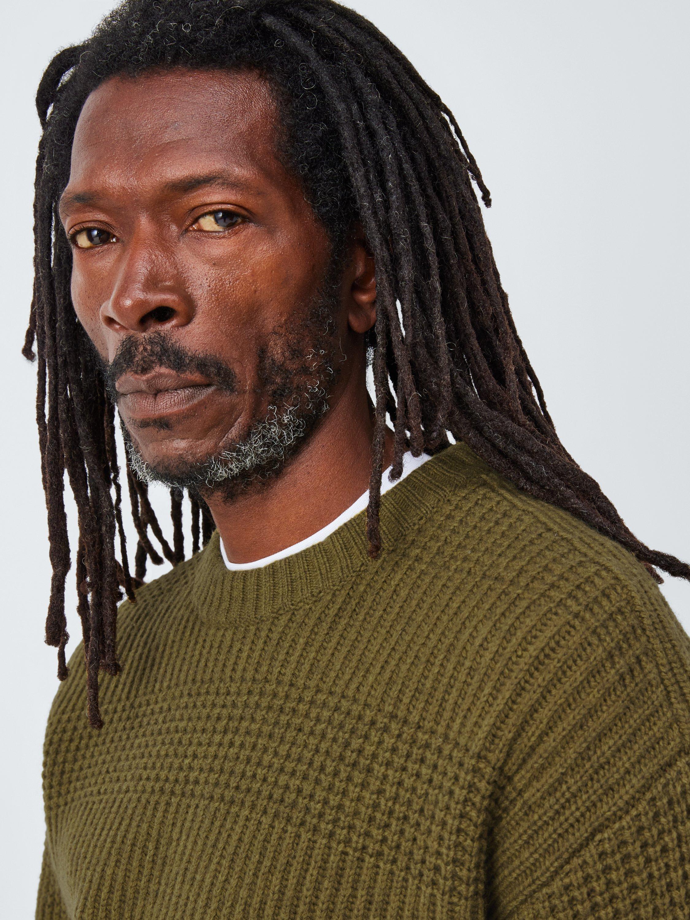 Product image 5 of 6, which shows John Lewis Lambswool Blend Broken Rib Knit Crew Neck Jumper, Olive Drab, S