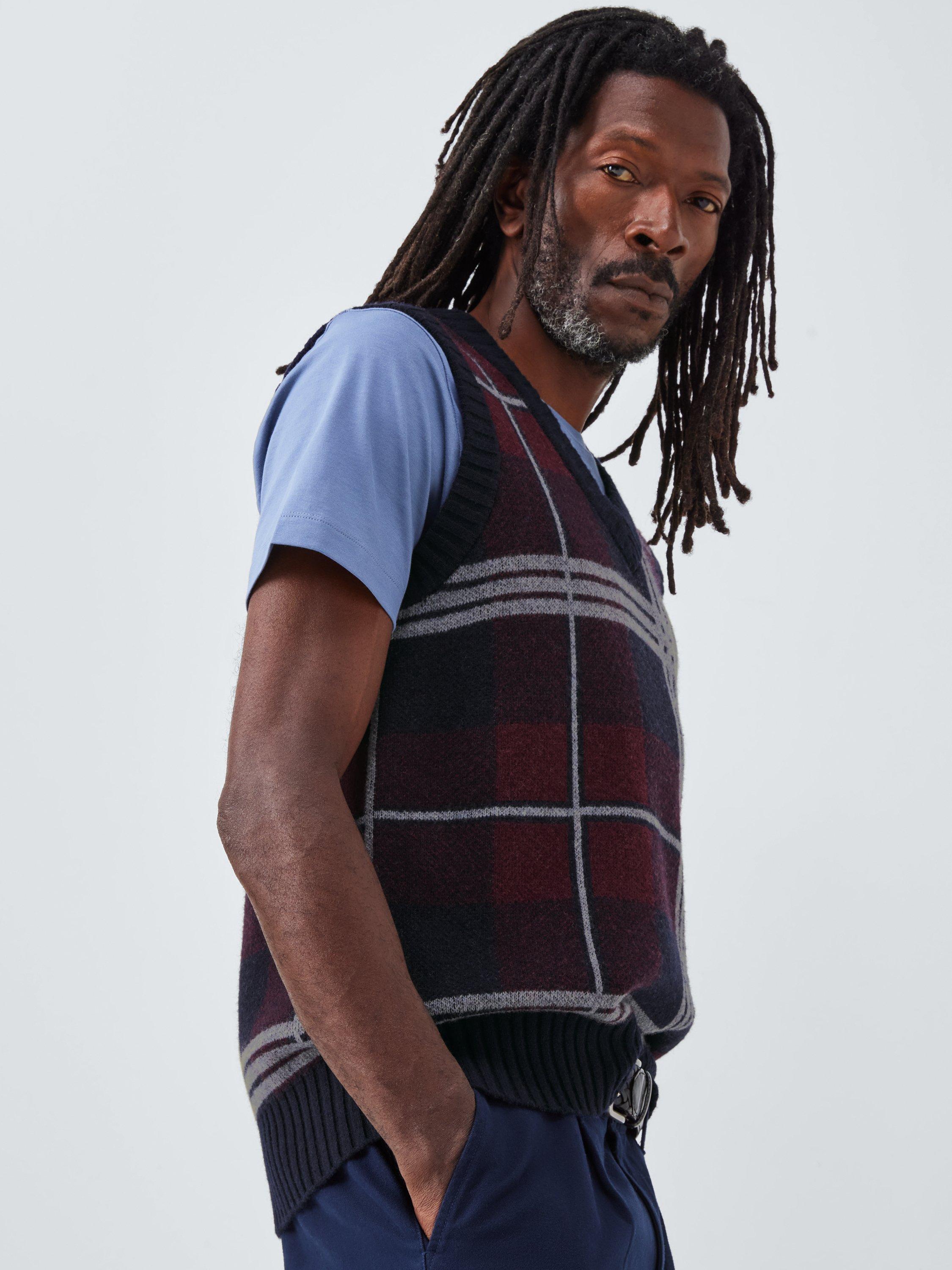 Product image 6 of 6, which shows John Lewis Lambswool Blend V-Neck Check Tank Top, Berry Multi, M