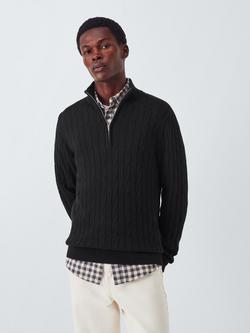 John Lewis Cotton Blend Half Zip Cable Knit High Neck Jumper, Black