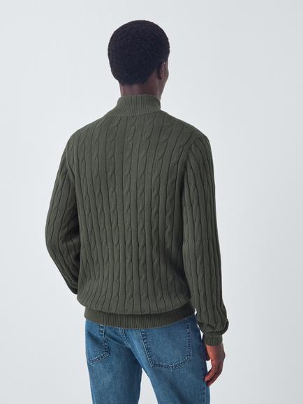 John Lewis Cotton Blend with Cashmere Half Zip Cable Knit High Neck Jumper - view 2, Seal Grey