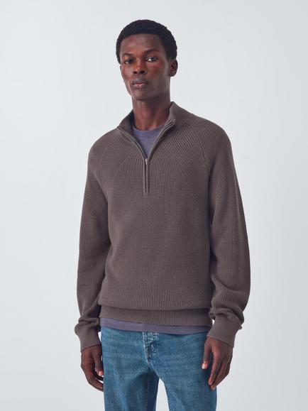 John Lewis Cotton Blend Half Zip Rib Knit High Neck Jumper, Cordovan