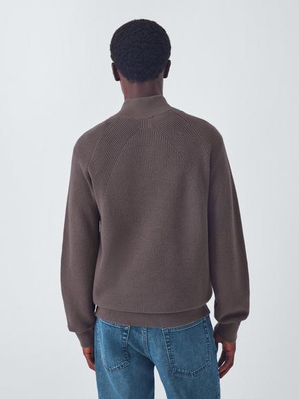 John Lewis Cotton Blend with Cashmere Half Zip Rib Knit High Neck Jumper - view 2, Cordovan