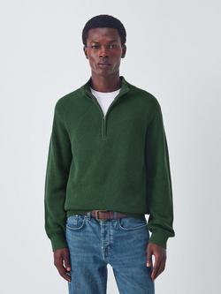 John Lewis Cotton Blend Half Zip Rib Knit High Neck Jumper, Forest Walk