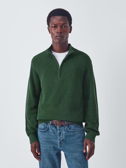 John Lewis Cotton Blend Half Zip Rib Knit High Neck Jumper, Forest Walk