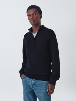 John Lewis Cotton Blend Half Zip Rib Knit High Neck Jumper, Neat Navy