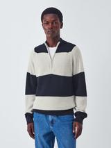John Lewis Cotton with Cashmere Half Zip Striped Jumper, Neat Navy/Lather