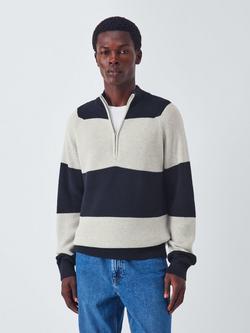 John Lewis Cotton Blend Half Zip Striped Jumper, Neat Navy/Lather, Neat Navy/ Lather