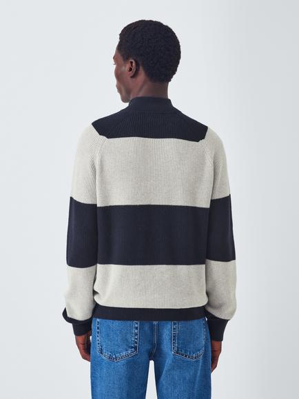 John Lewis Cotton Blend Half Zip Striped Jumper, Neat Navy/Lather - view 2, Neat Navy/ Lather