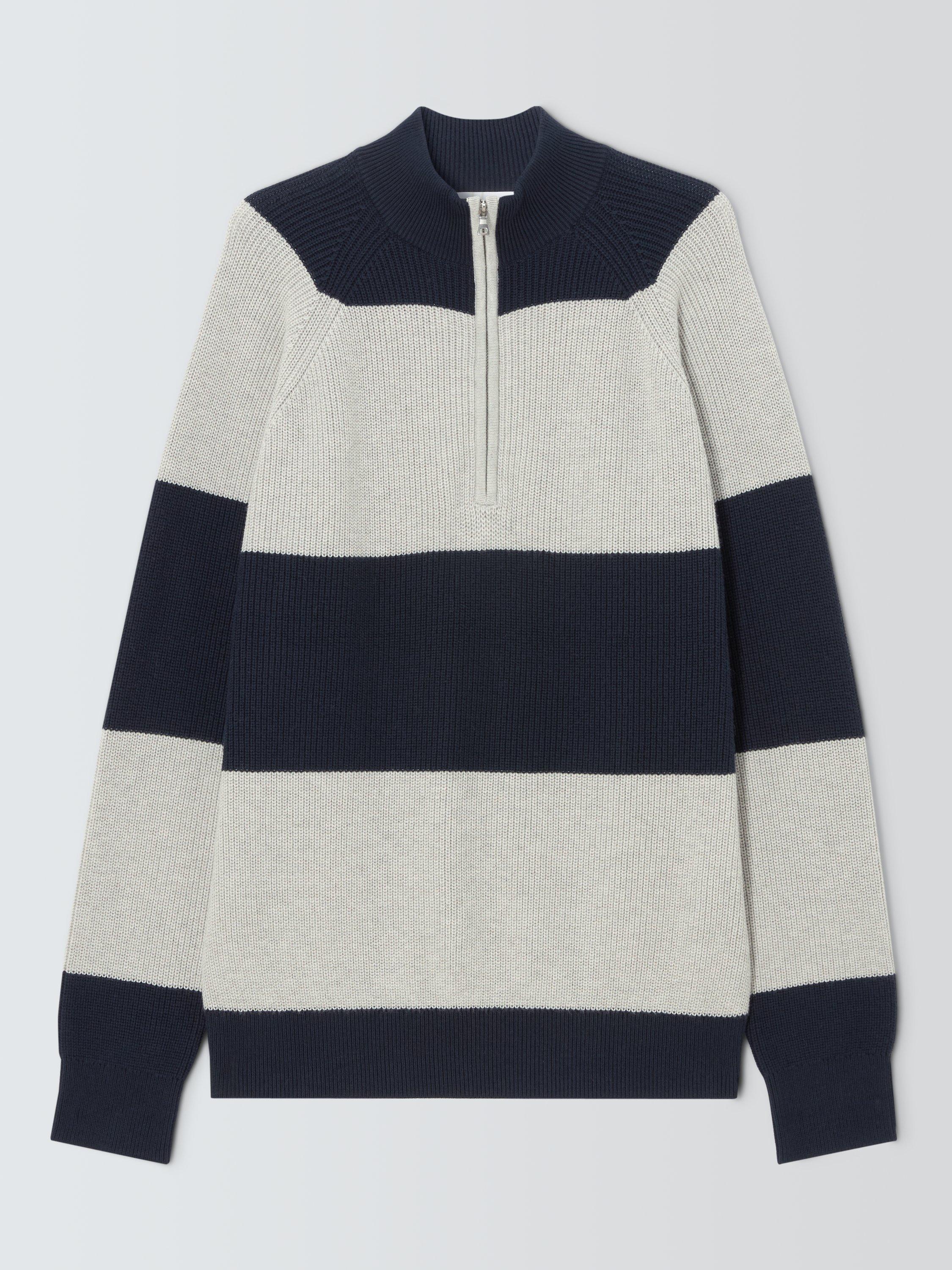 Product image 1 of 1, which shows John Lewis Cotton & Cashmere Blend Half Zip Striped Jumper, Neat Navy/ Lather, S
