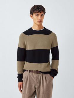 John Lewis Cotton Blend Crew Neck Striped Jumper, Black/Olivine, Black/ Olivine