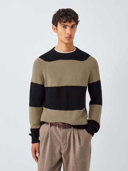 John Lewis Cotton Blend Crew Neck Striped Jumper, Black/Olivine, Black/ Olivine