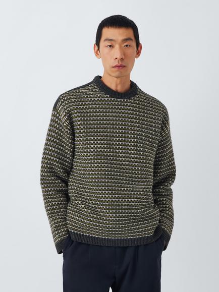 John Lewis Lambswool Blend Texture Stitch Jumper, Olive Multi