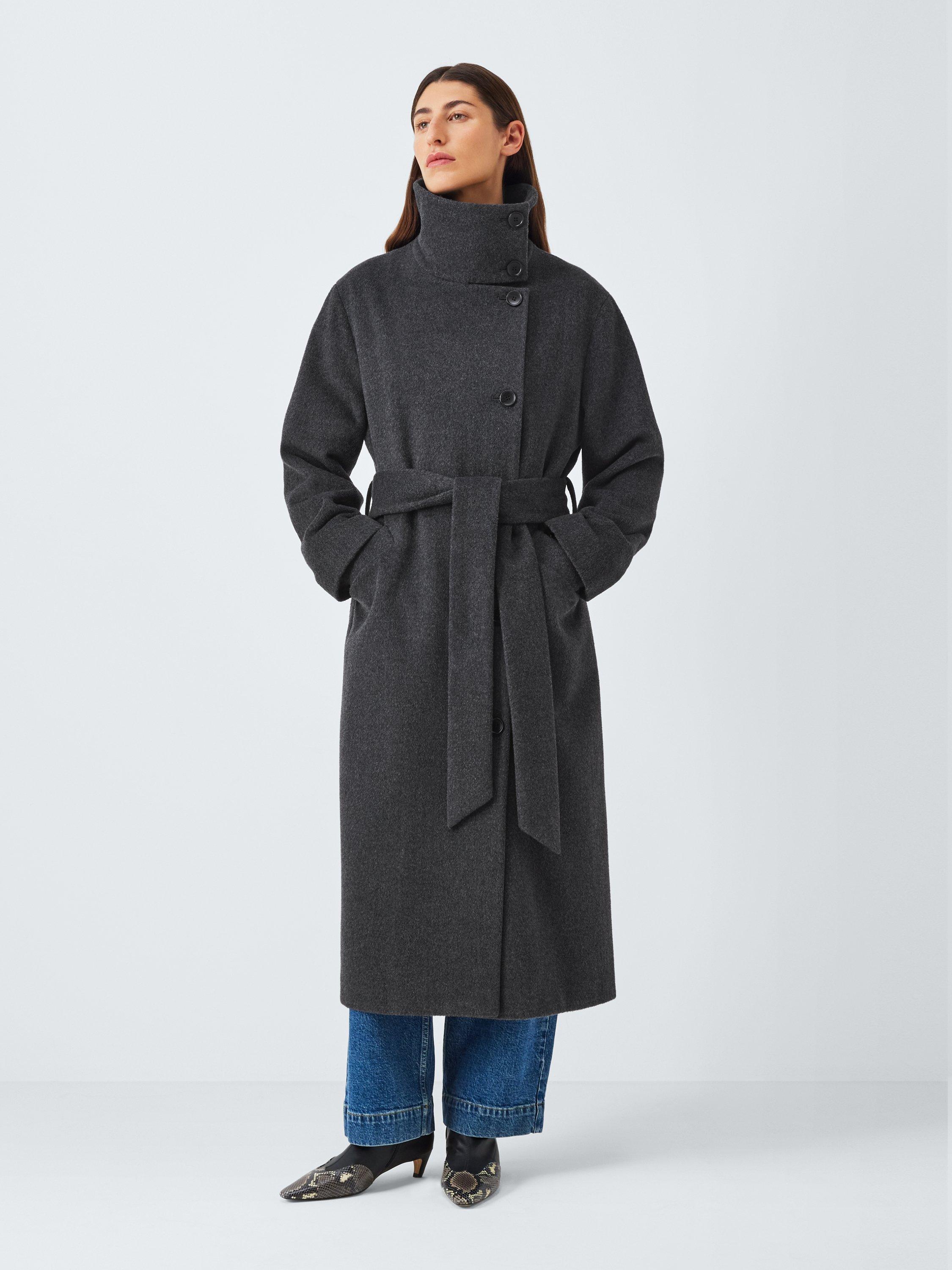 Funnel Neck Wool Rich Wrap Coat, Charcoal