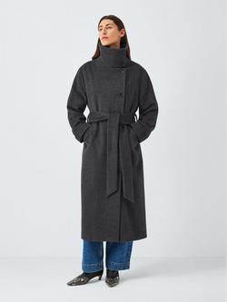 Funnel Neck Wool Rich Wrap Coat, Charcoal, Charcoal