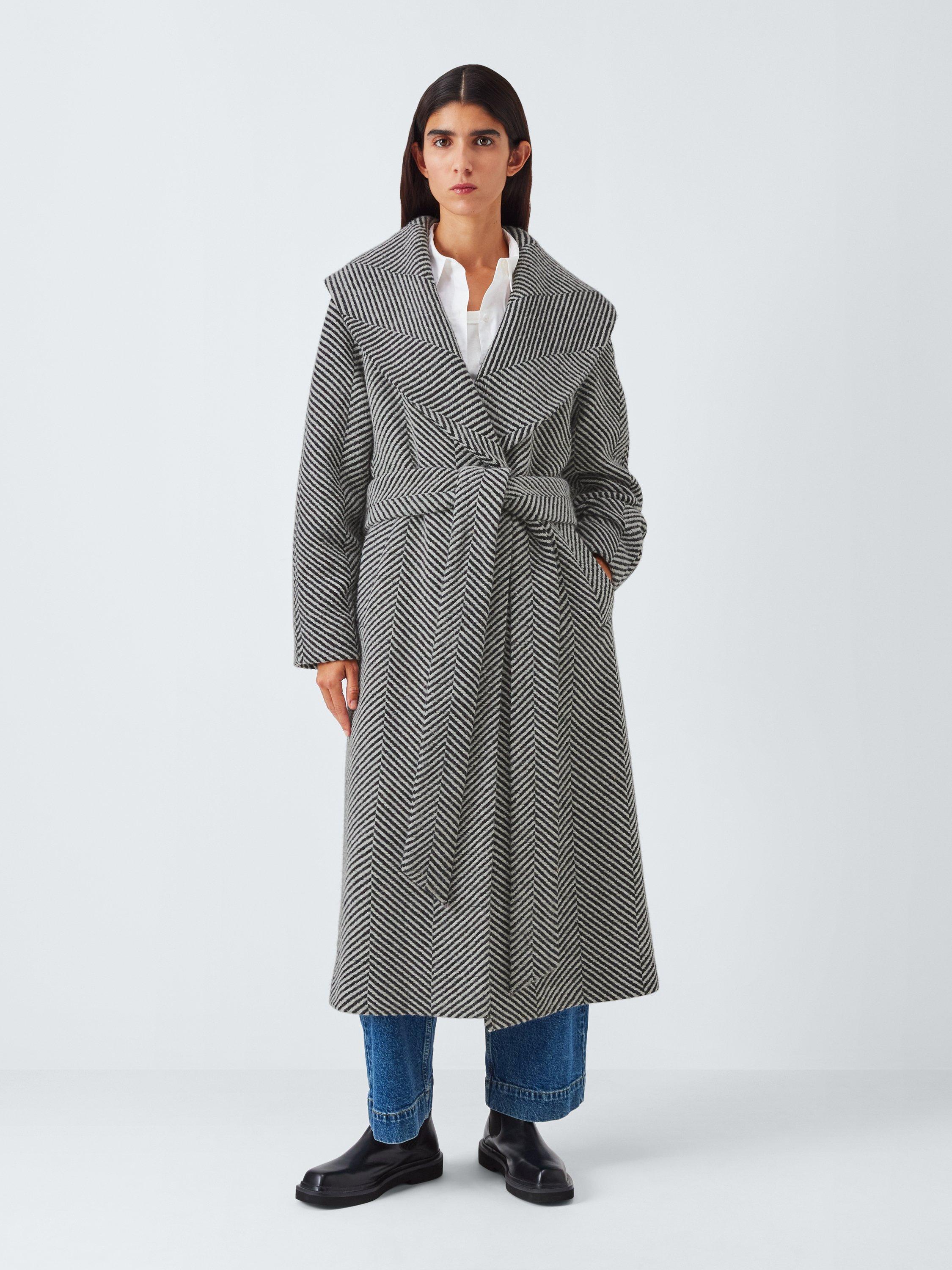 Product image 2 of 7, which shows John Lewis Monochrome Stripe Wool Blend Belted Coat, Black/White, 8