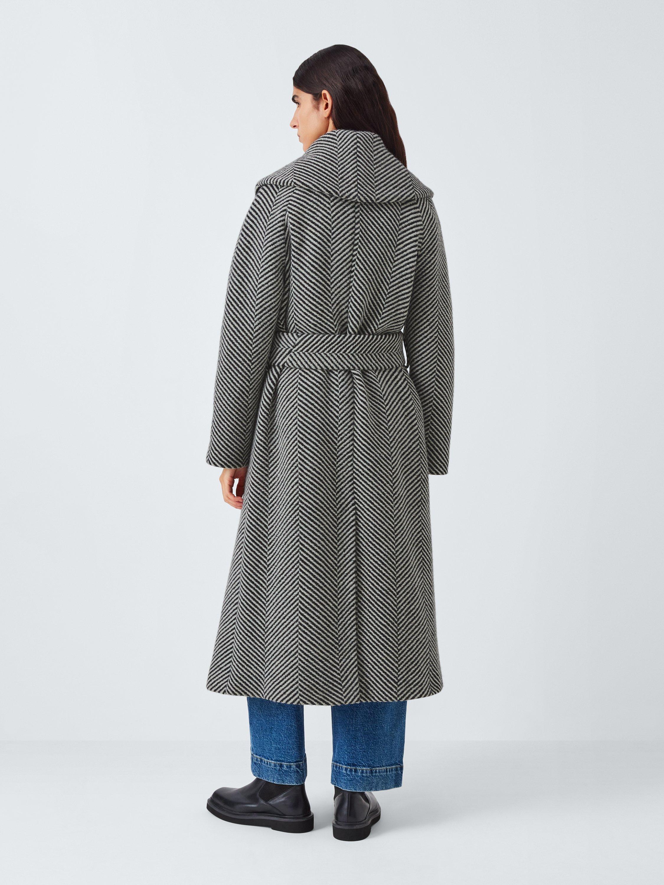 Product image 3 of 7, which shows John Lewis Monochrome Stripe Wool Blend Belted Coat, Black/White, 8