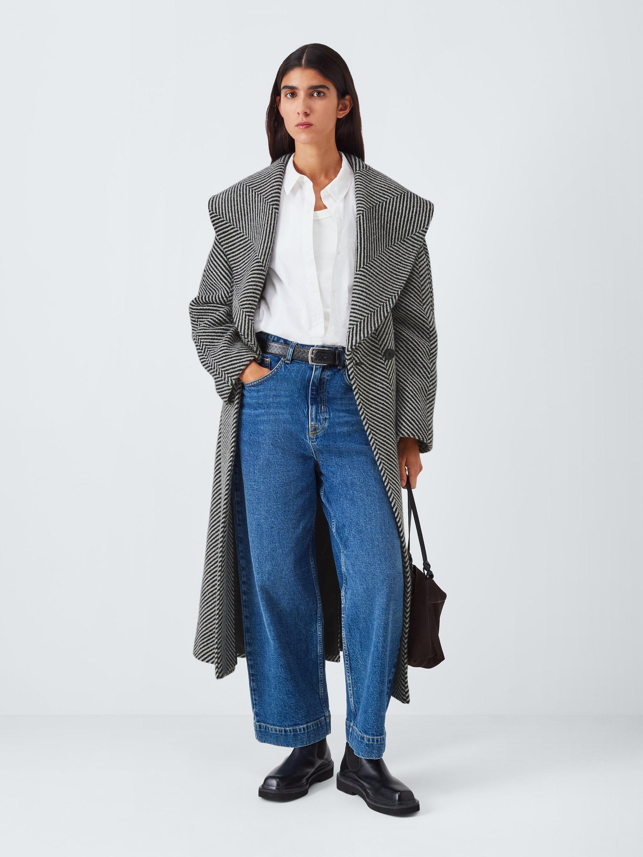 Product image 1 of 7, which shows John Lewis Monochrome Stripe Wool Blend Belted Coat, Black/White, 8