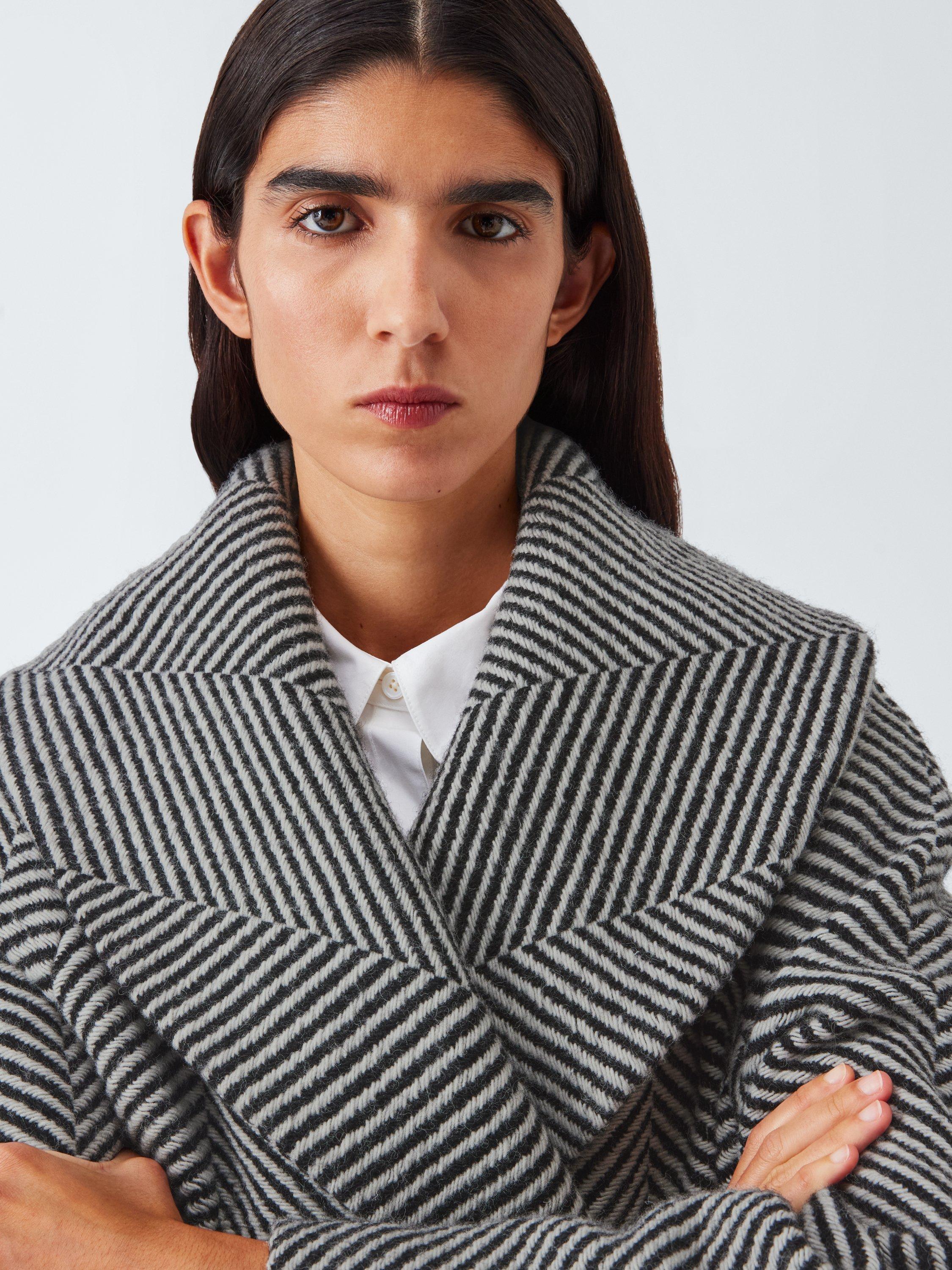 Product image 5 of 7, which shows John Lewis Monochrome Stripe Wool Blend Belted Coat, Black/White, 8