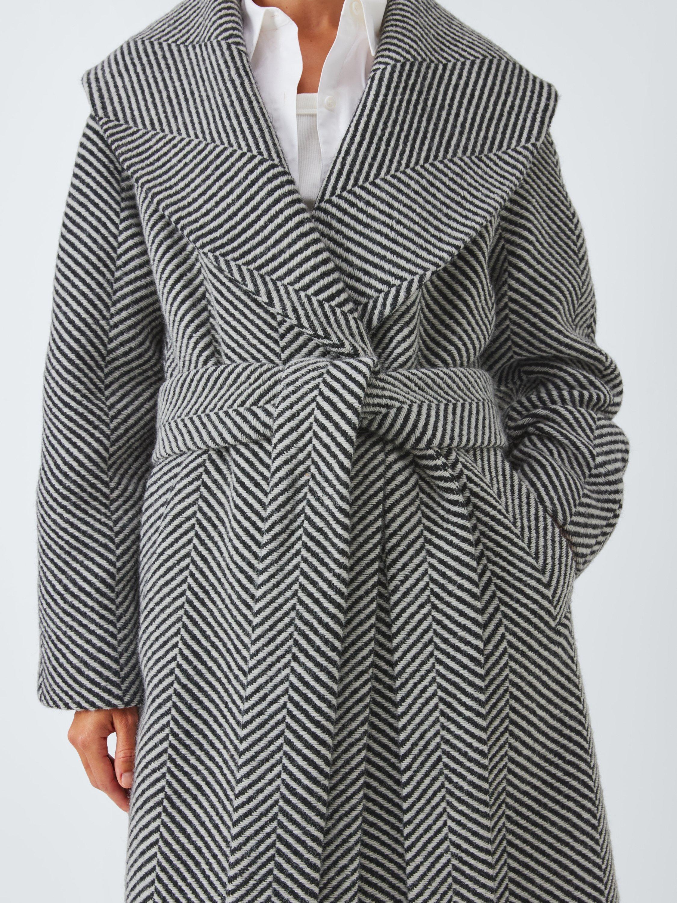 Product image 6 of 7, which shows John Lewis Monochrome Stripe Wool Blend Belted Coat, Black/White, 8