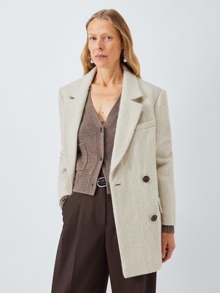 John Lewis Double Breasted Wool Blend Herringbone Blazer, Cream - view 2, Cream