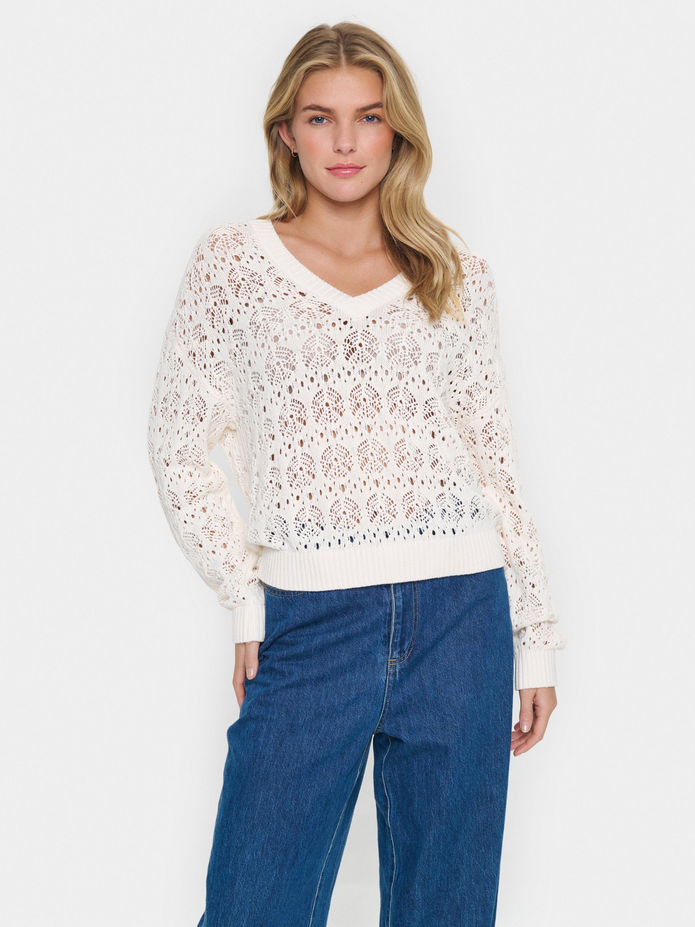 Product image 1 of 6, which shows Saint Tropez Juna Lace V-Neck Jumper, Cream, XS