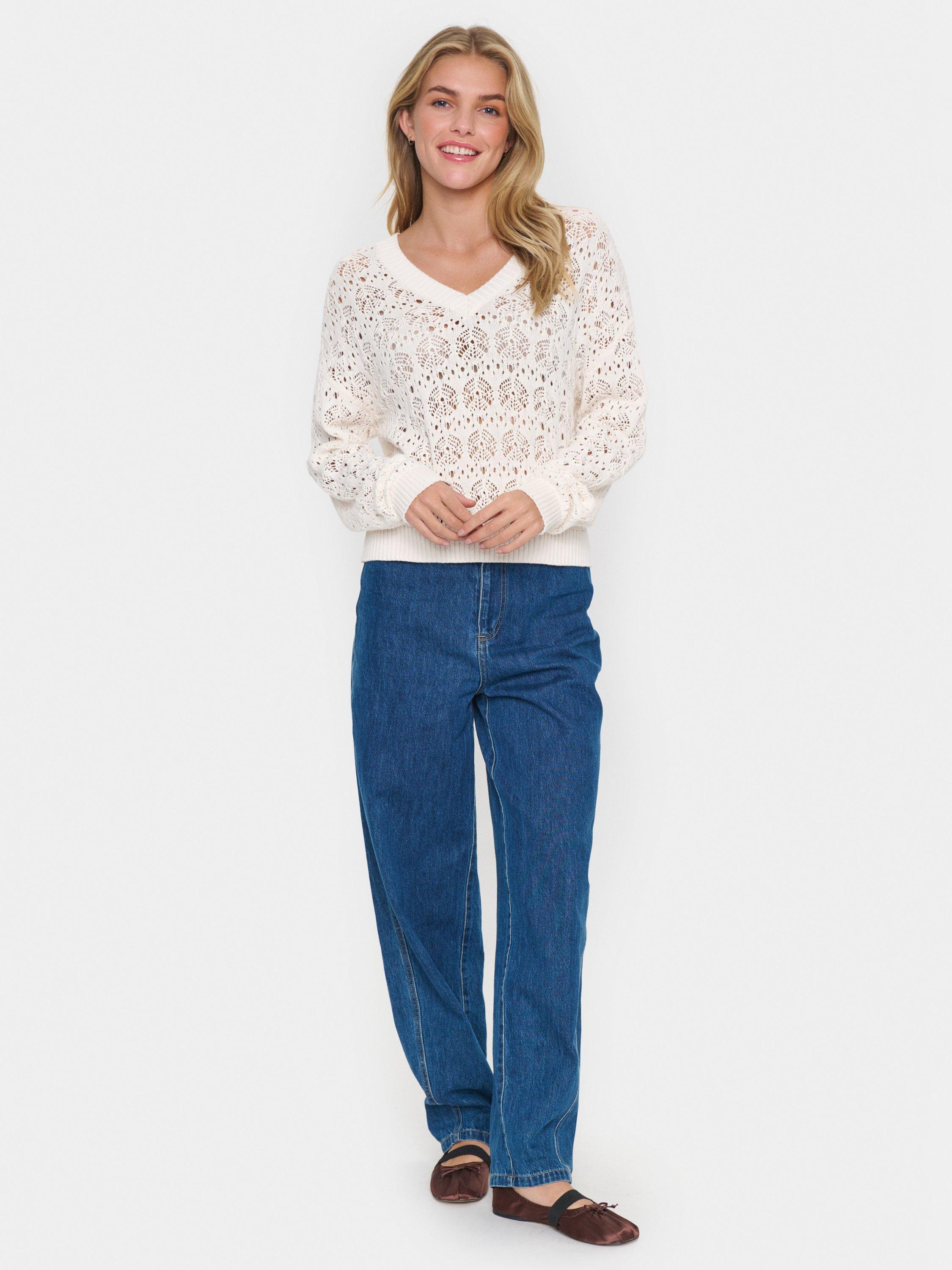 Product image 3 of 6, which shows Saint Tropez Juna Lace V-Neck Jumper, Cream, XS