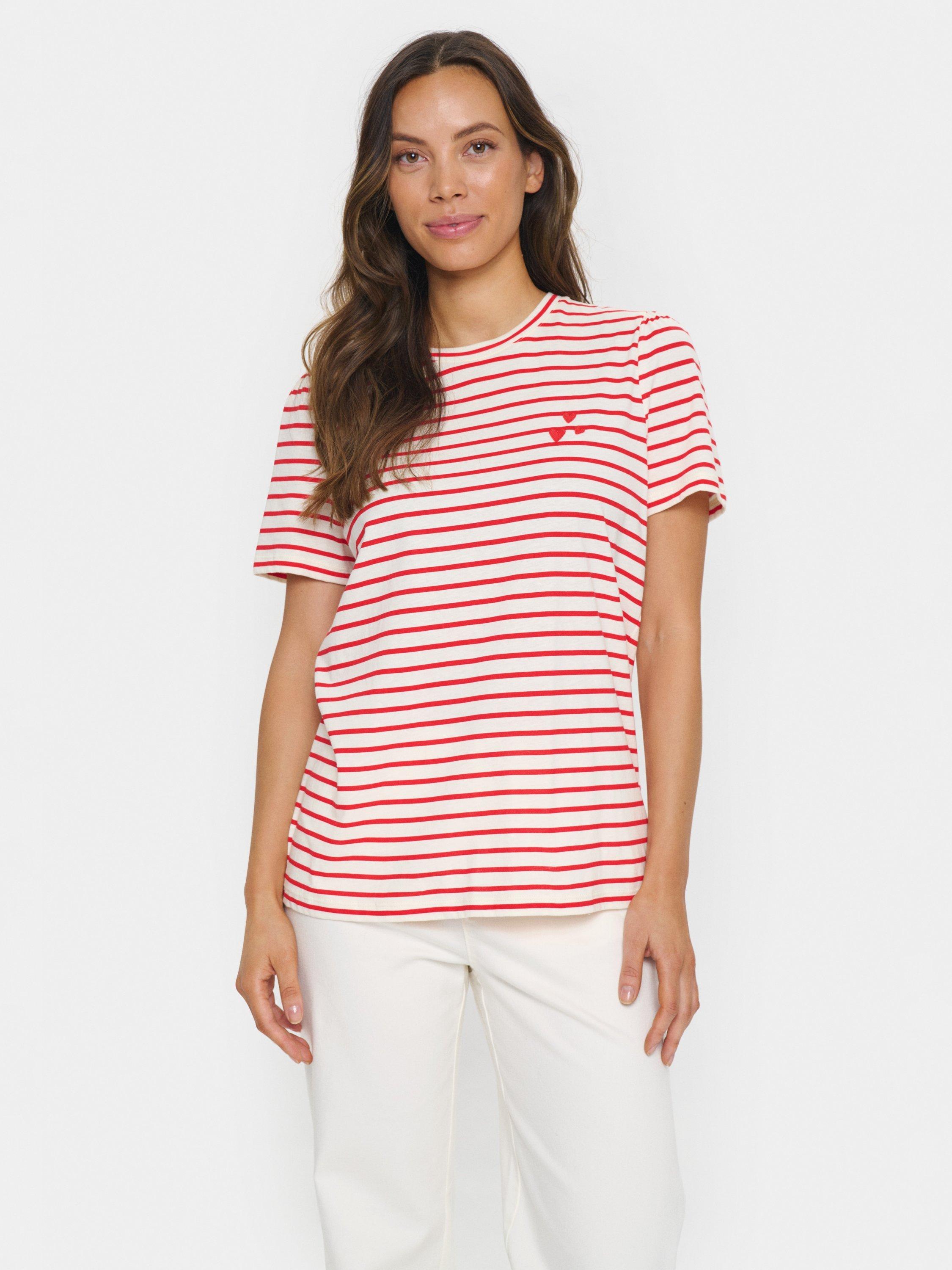 Product image 1 of 6, which shows Saint Tropez Jucia Stripe Hearts T-Shirt, Red/White, XS