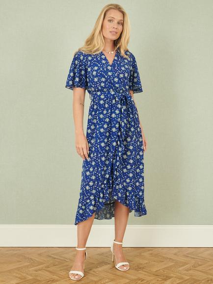 Yumi Floral Wrap Frill Hem Dress, Blue, Blue