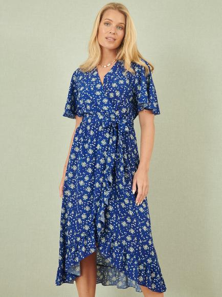 Yumi Floral Wrap Frill Hem Dress, Blue - view 2, Blue