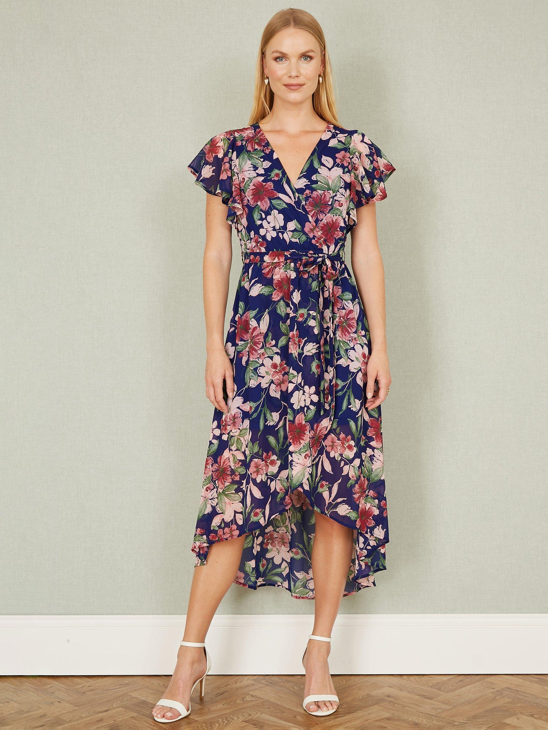 Product image 1 of 5, which shows Yumi Floral Wrap Frill Hem Midi Dress, Blue, 8