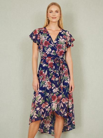 Yumi Floral Wrap Frill Hem Midi Dress, Blue - view 2, Blue