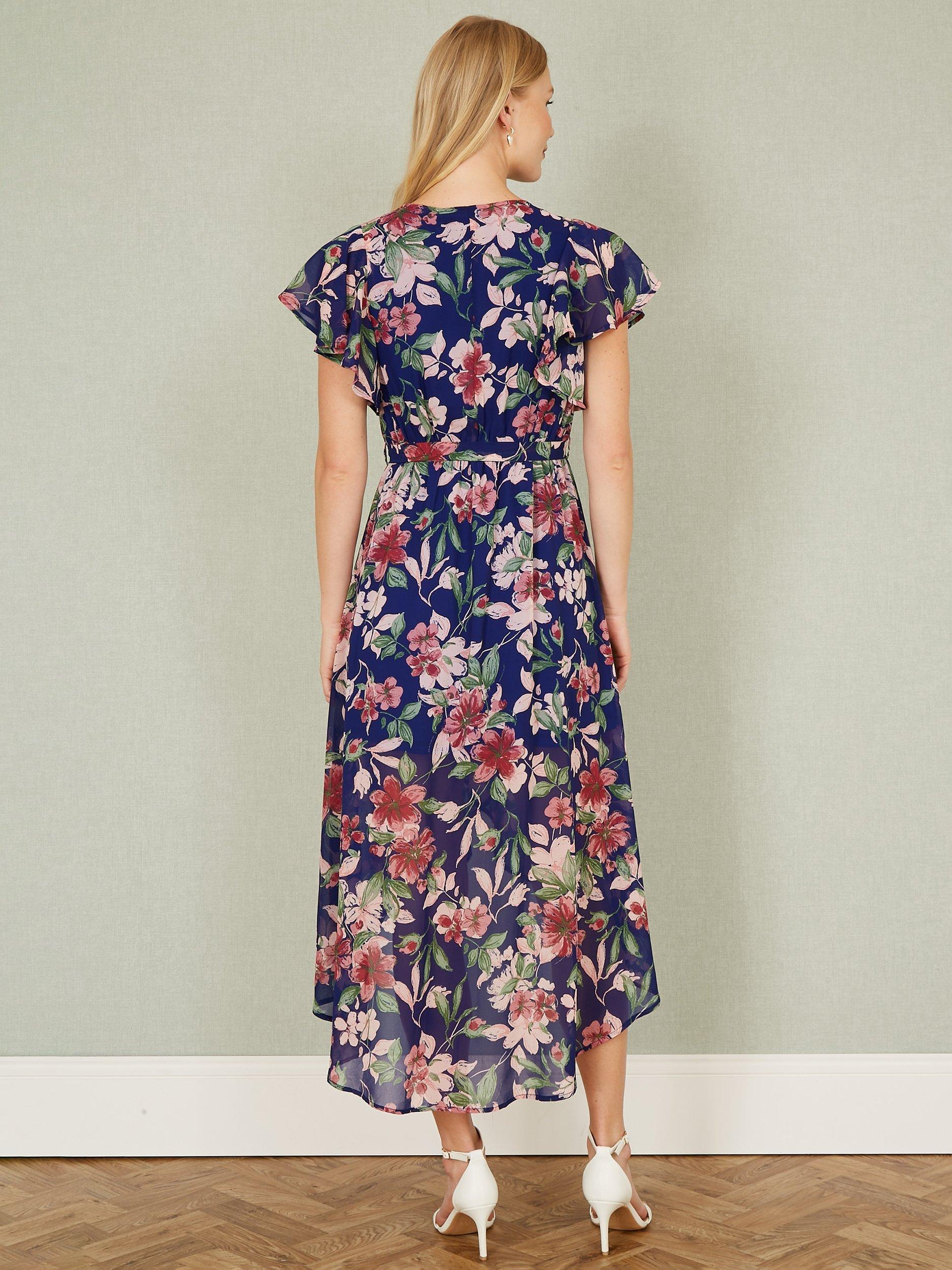 Product image 4 of 5, which shows Yumi Floral Wrap Frill Hem Midi Dress, Blue, 8