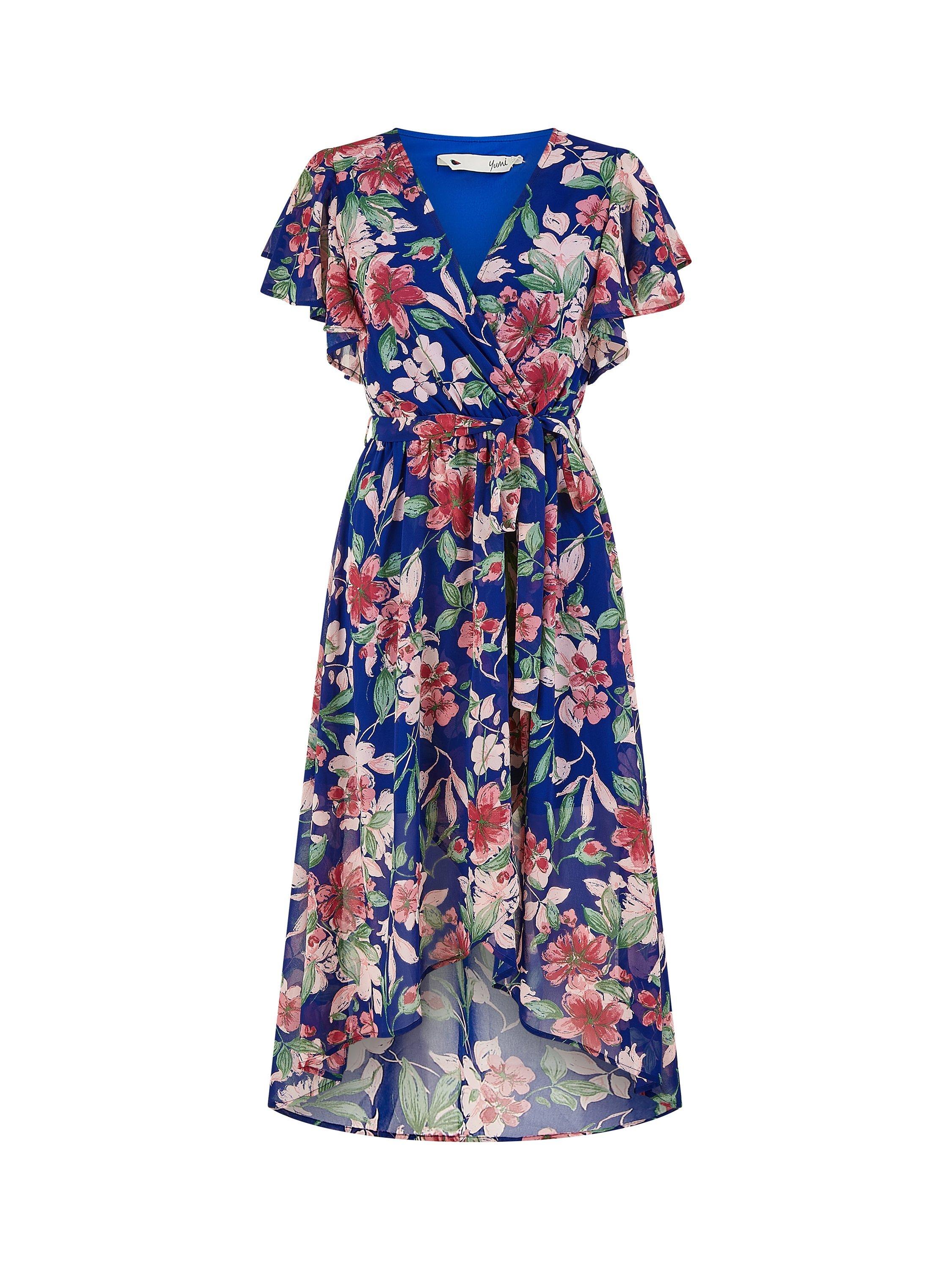 Product image 5 of 5, which shows Yumi Floral Wrap Frill Hem Midi Dress, Blue, 8