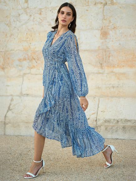 Yumi Paisley Dip Hem Midi Dress, Blue, Blue