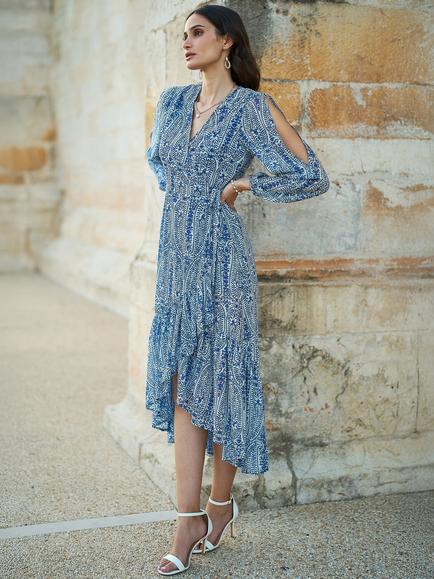 Yumi Paisley Dip Hem Midi Dress, Blue - view 2, Blue