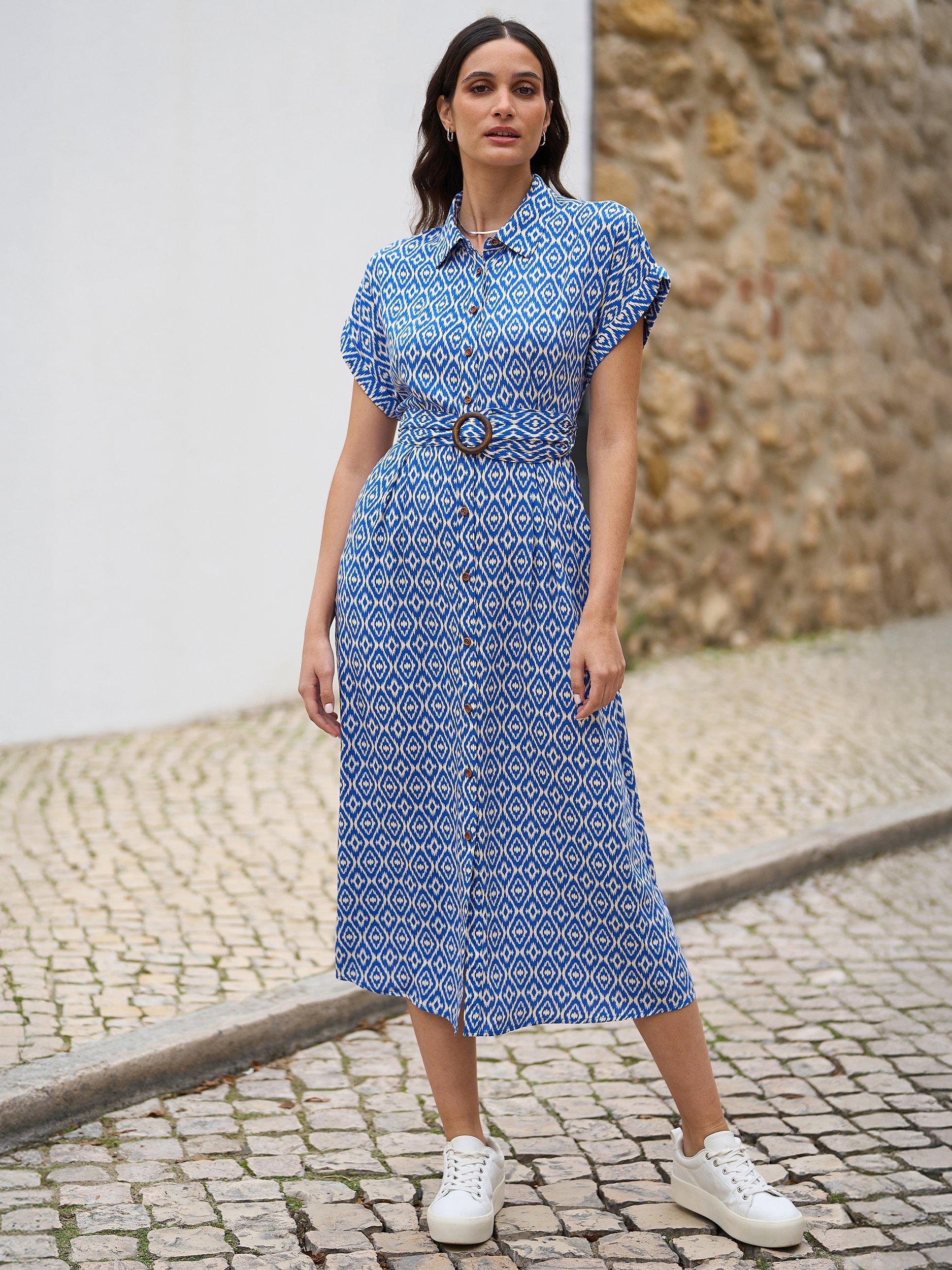 Product image 1 of 6, which shows Yumi Belted Shirt Midi Dress, Blue, 8