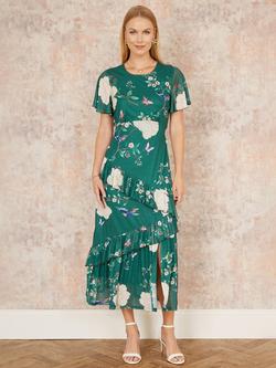 Yumi Bird & Floral Mesh Midi Dress, Green