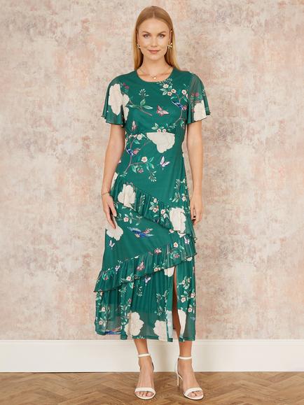 Yumi Bird & Floral Mesh Midi Dress, Green
