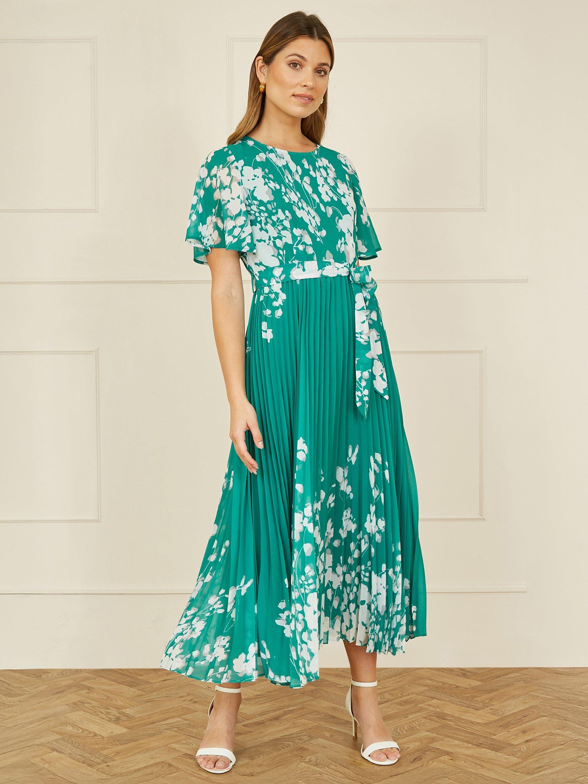 Product image 1 of 6, which shows Yumi Mirrored Floral Pleated Dress, Green, 8