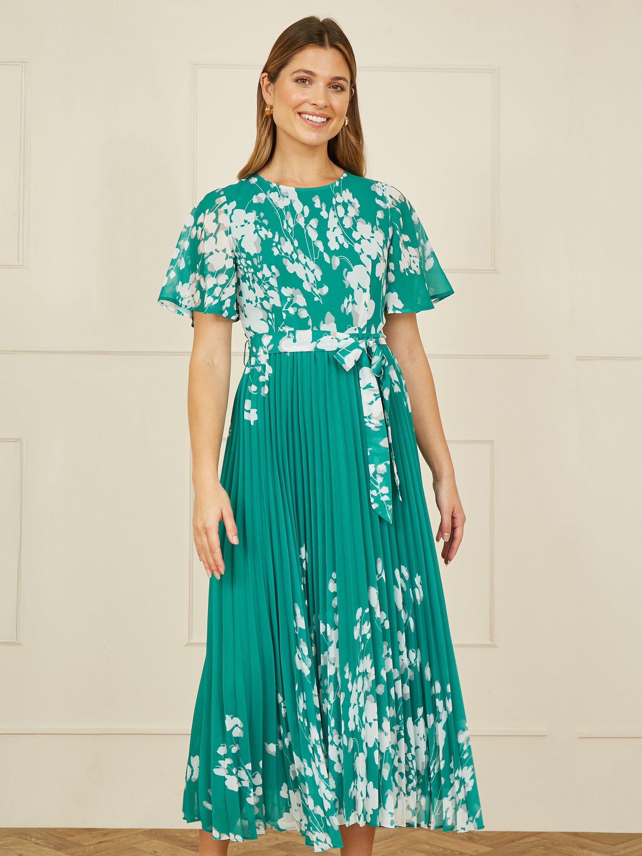 Product image 2 of 6, which shows Yumi Mirrored Floral Pleated Dress, Green, 8