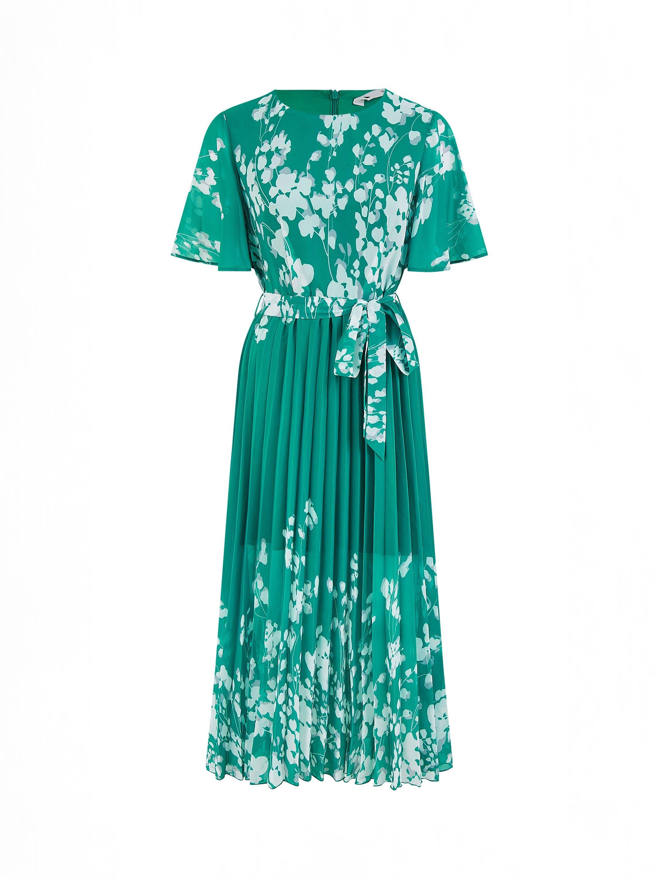Product image 6 of 6, which shows Yumi Mirrored Floral Pleated Dress, Green, 8