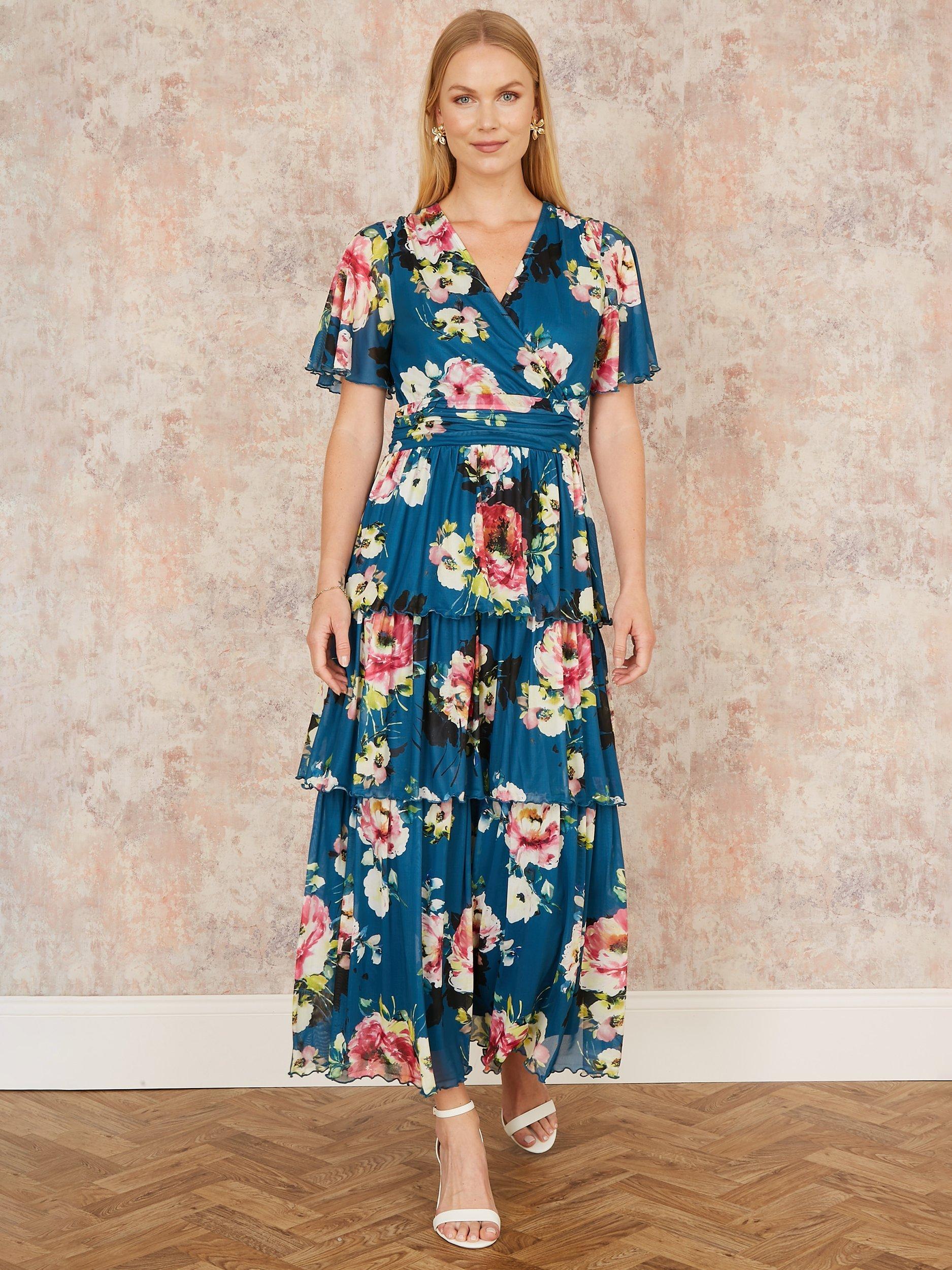 Product image 1 of 5, which shows Yumi Floral Mesh Tiered Maxi Dress, Green, 8