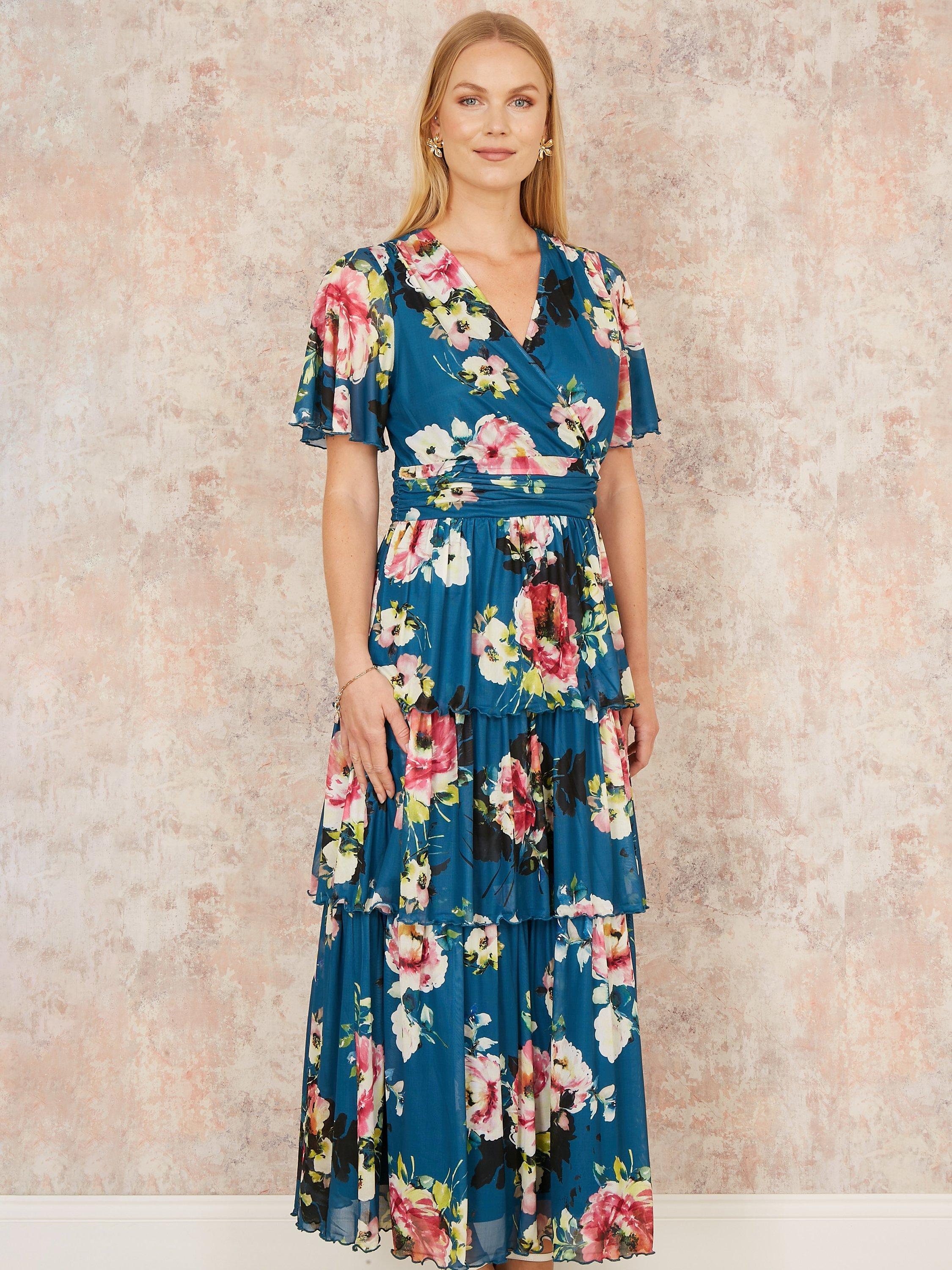 Product image 2 of 5, which shows Yumi Floral Mesh Tiered Maxi Dress, Green, 8